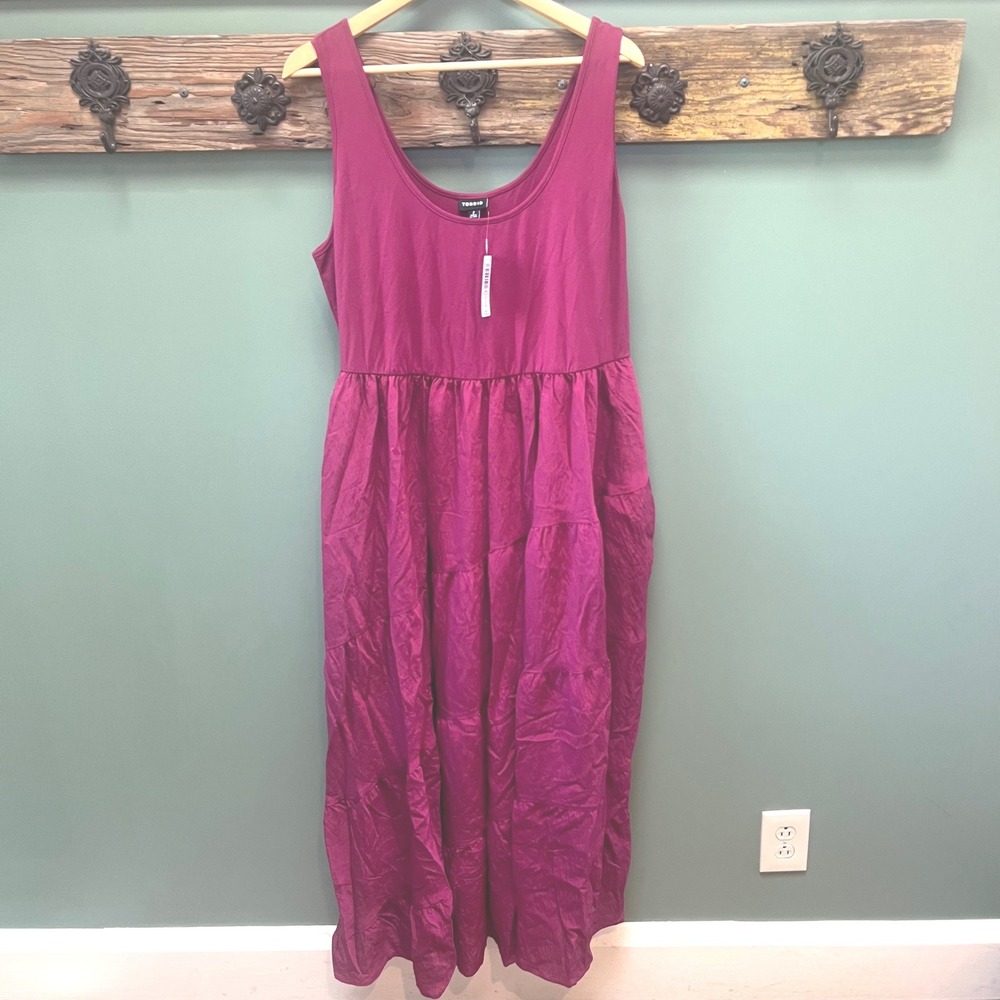 Torrid Magenta Plum Maxi Poly Crinkle Scoop Neck Tiered Dress 2 (2x/18-20)